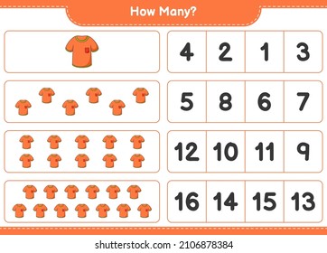 Counting game, how many Tshirt. Educational children game, printable worksheet, vector illustration