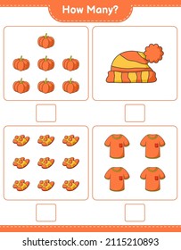 Counting game, how many Tshirt, Slippers, Pumpkin, and Hat. Educational children game, printable worksheet, vector illustration