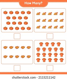 Counting game, how many Tshirt, Slippers, Pumpkin, and Hat. Educational children game, printable worksheet, vector illustration