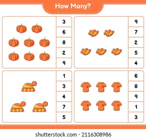 Counting game, how many Tshirt, Slippers, Pumpkin, and Hat. Educational children game, printable worksheet, vector illustration