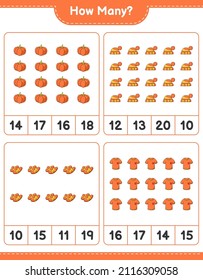 Counting game, how many Tshirt, Slippers, Pumpkin, and Hat. Educational children game, printable worksheet, vector illustration