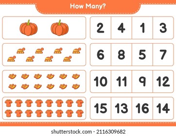 Counting game, how many Tshirt, Slippers, Pumpkin, and Hat. Educational children game, printable worksheet, vector illustration