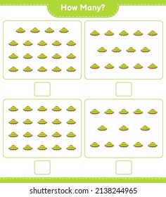 Counting game, how many Ufo. Educational children game, printable worksheet, vector illustration