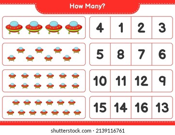 Contando el juego, cuántos Ufo. Juego infantil educativo, hoja de cálculo imprimible, ilustración vectorial