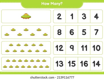 Counting game, how many Ufo. Educational children game, printable worksheet, vector illustration