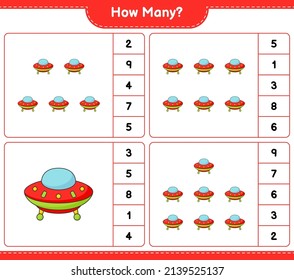 Counting game, how many Ufo. Educational children game, printable worksheet, vector illustration