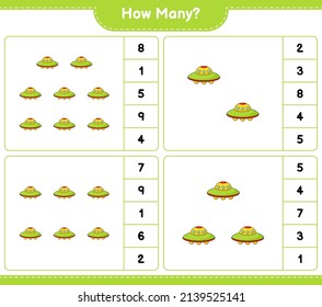 Counting game, how many Ufo. Educational children game, printable worksheet, vector illustration