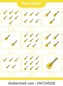 Contando el juego, cuántos Ukulele. Juego infantil educativo, hoja de cálculo imprimible, ilustración vectorial