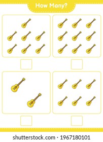 Zählspiel, wie viele Ukulele. Kinderspiel, druckbares Arbeitsblatt, Vektorgrafik