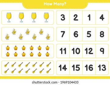 Counting game, how many Ukulele, Cup Cake, Coral, and Cocktail. Educational children game, printable worksheet, vector illustration