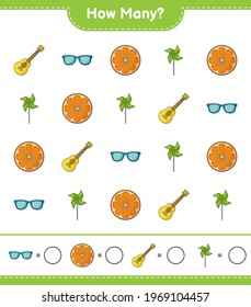 Contando el juego, cuántos Ukulele, Pinlles, Ukulele y Orange. Juego infantil educativo, hoja de cálculo imprimible, ilustración vectorial