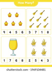 Counting game, how many Ukulele, Cup Cake, Coral, and Cocktail. Educational children game, printable worksheet, vector illustration