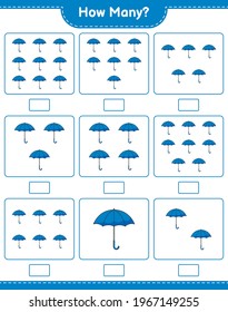 Contando el juego, cuántos paraguas. Juego infantil educativo, hoja de cálculo imprimible, ilustración vectorial