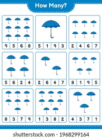 Counting game, how many Umbrella. Educational children game, printable worksheet, vector illustration