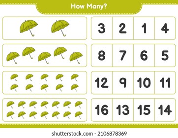 Counting game, how many Umbrella. Educational children game, printable worksheet, vector illustration