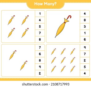 Counting game, how many Umbrella. Educational children game, printable worksheet, vector illustration