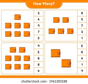 Counting game, how many Wallet. Educational children game, printable worksheet, vector illustration