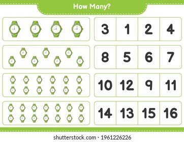 Counting game, how many Watches. Educational children game, printable worksheet, vector illustration