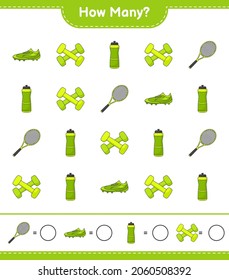 Juego de conteo, cuántas botellas de agua, raqueta de tenis, zapatos de fútbol y dumbbell. Juego infantil educativo, hoja de cálculo imprimible, ilustración vectorial