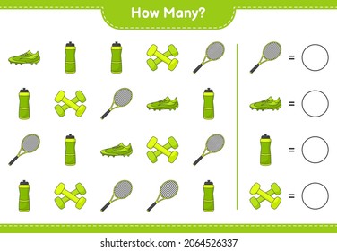 Counting game, how many Water Bottle, Tennis Racket, Soccer Shoes and Dumbbell. Educational children game, printable worksheet, vector illustration