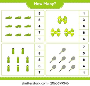 Counting game, how many Water Bottle, Tennis Racket, Soccer Shoes and Dumbbell. Educational children game, printable worksheet, vector illustration