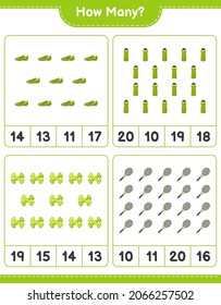Counting game, how many Water Bottle, Tennis Racket, Soccer Shoes and Dumbbell. Educational children game, printable worksheet, vector illustration