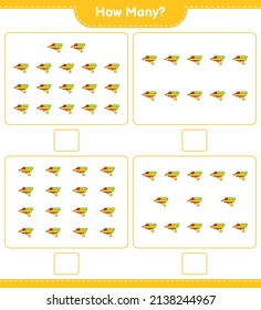 Contando el juego, cuántas armas acuáticas. Juego infantil educativo, hoja de cálculo imprimible, ilustración vectorial