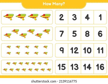 Counting game, how many Water Gun. Educational children game, printable worksheet, vector illustration