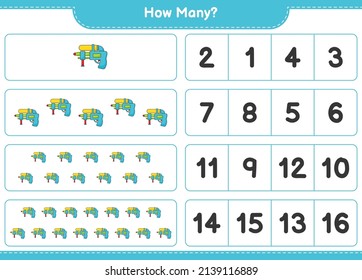 Counting game, how many Water Gun. Educational children game, printable worksheet, vector illustration