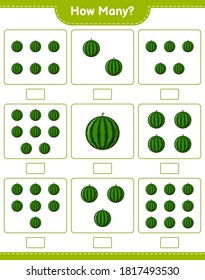 Contando el juego, cuántas sandías. Juego infantil educativo, hoja de cálculo imprimible, ilustración vectorial