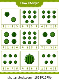 Counting game, how many Watermelon. Educational children game, printable worksheet, vector illustration