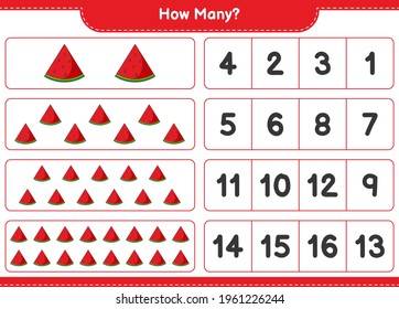 Contando el juego, cuántas sandías. Juego infantil educativo, hoja de cálculo imprimible, ilustración vectorial