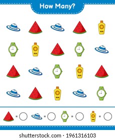 Juego de conteo, cuántos Watermelon, Sunscreen, Watches y Sombrero de Verano. Juego infantil educativo, hoja de cálculo imprimible, ilustración vectorial