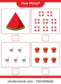 Counting game, how many Watermelon, Lifebuoy, Scuba Diving Mask, and Sand Bucket. Educational children game, printable worksheet, vector illustration