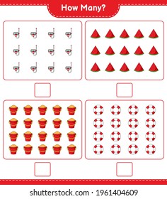 Juego de conteo, cuántas sandías, licor, máscara de buceo de Scuba y cubo de arena. Juego infantil educativo, hoja de cálculo imprimible, ilustración vectorial