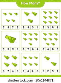 Contando el juego, cuántos Silbatos. Juego infantil educativo, hoja de cálculo imprimible, ilustración vectorial