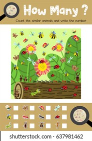 Counting game of insect bug animals for preschool kids activity worksheet layout in A4 colorful printable version. Vector Illustration.