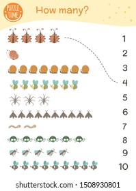 Counting game with insects. Math activity for preschool children. How many objects worksheet. Educational riddle with cute funny characters.
