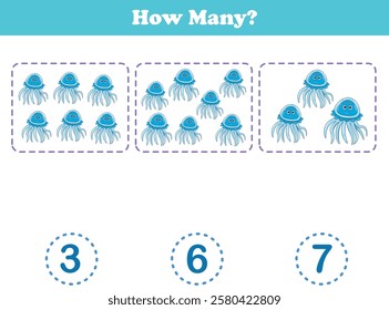 Counting game of jellyfish for preschool kids. Printable. Vector Illustration