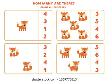 Counting game for kids. Count all cute foxes. Worksheet for children.