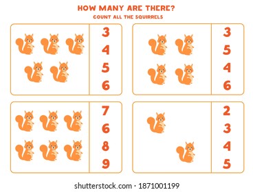 Counting game for kids. Count all squirrels. Worksheet for children.