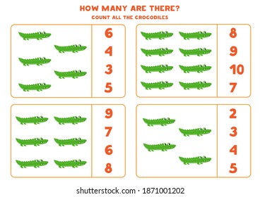 Counting game for kids. Count all cute crocodiles. Worksheet for children.