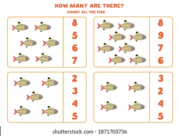 Counting game for kids. Count all x ray fish. Worksheet for children.