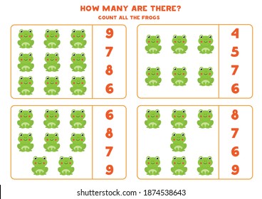 Counting game for kids. Count all cute frogs. Worksheet for children.