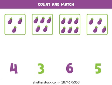 Counting game for kids. Count all cartoon eggplants and match with number. Worksheet for children.