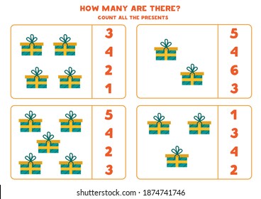 Counting game for kids. Count all cartoon Christmas presents. Worksheet for children.