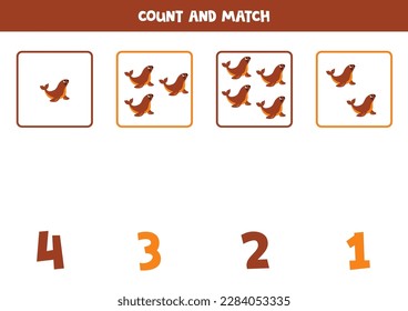 Juego de conteo para niños. Cuenta todos los leones marinos y concuerda con los números. Hoja de trabajo para niños.