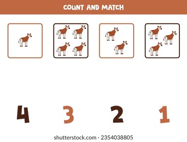 Counting game for kids. Count all okapis and match with numbers. Worksheet for children.