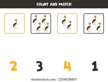 Counting game for kids. Count all crowned cranes and match with numbers. Worksheet for children.