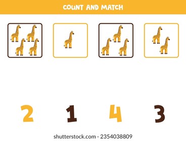 Counting game for kids. Count all cartoon yellow peppers and match with number. Worksheet for children.